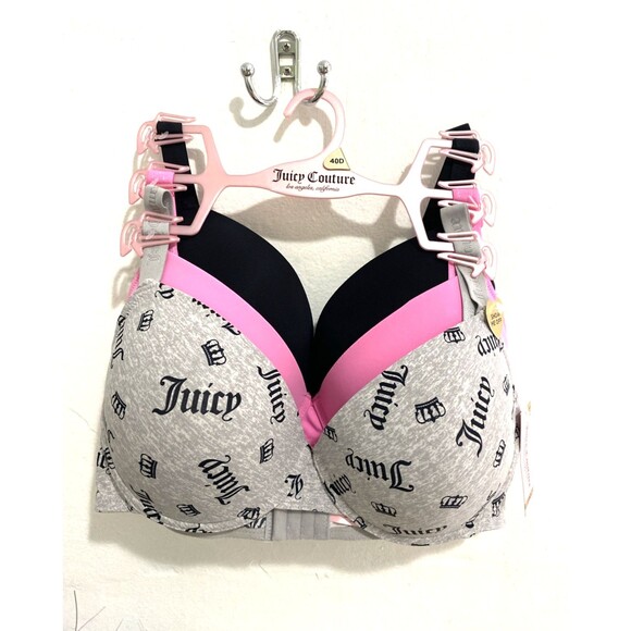 Juicy Couture Bra Size 40D 3 Pack Pink Black Gray Logo Print Underwire Confort - Picture 1 of 13